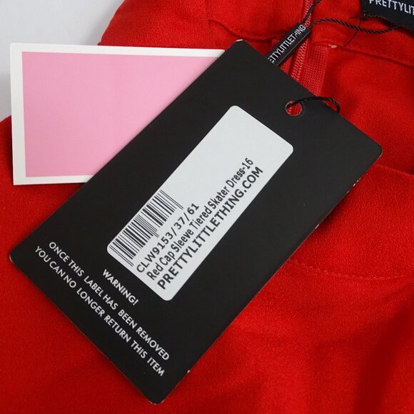 Pretty Little Thing Red Short Sleeve Tiered Skater Dress Women Size 16 NEW - Picture 7 of 12